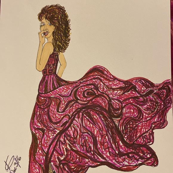 Unframed Original Art Drawing Fashionable Lady in Flowing Dress & Heel AB Artist - Picture 2 of 5